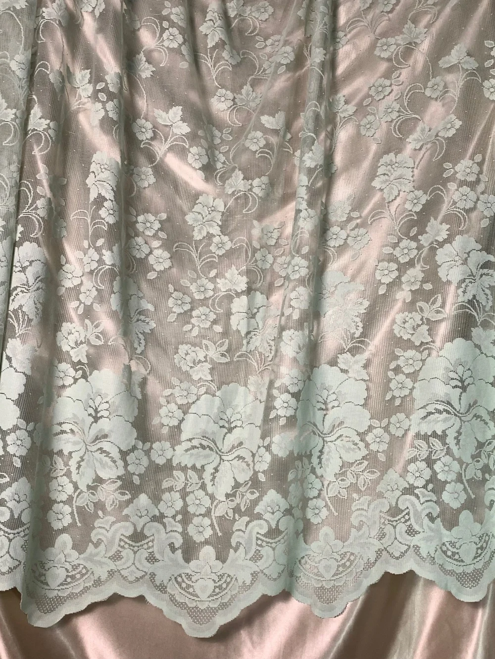 Vintage Mint Green Net Lace Window Curtain Panel Scalloped Edge Floral Victorian